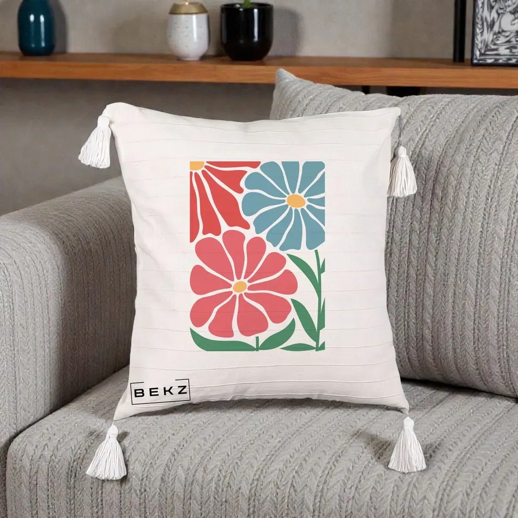 Perna Decorativa Flori Grafice Rosu-Albastru, 40x40 cm, Bej cu Franjuri, Husa Detasabila, Perna Inclusa, BEKZ®