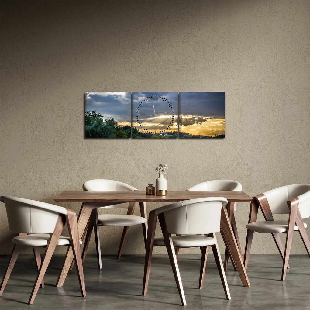 Tablou cu peisaj și raze de soare (cu ceas) (90x30 cm)