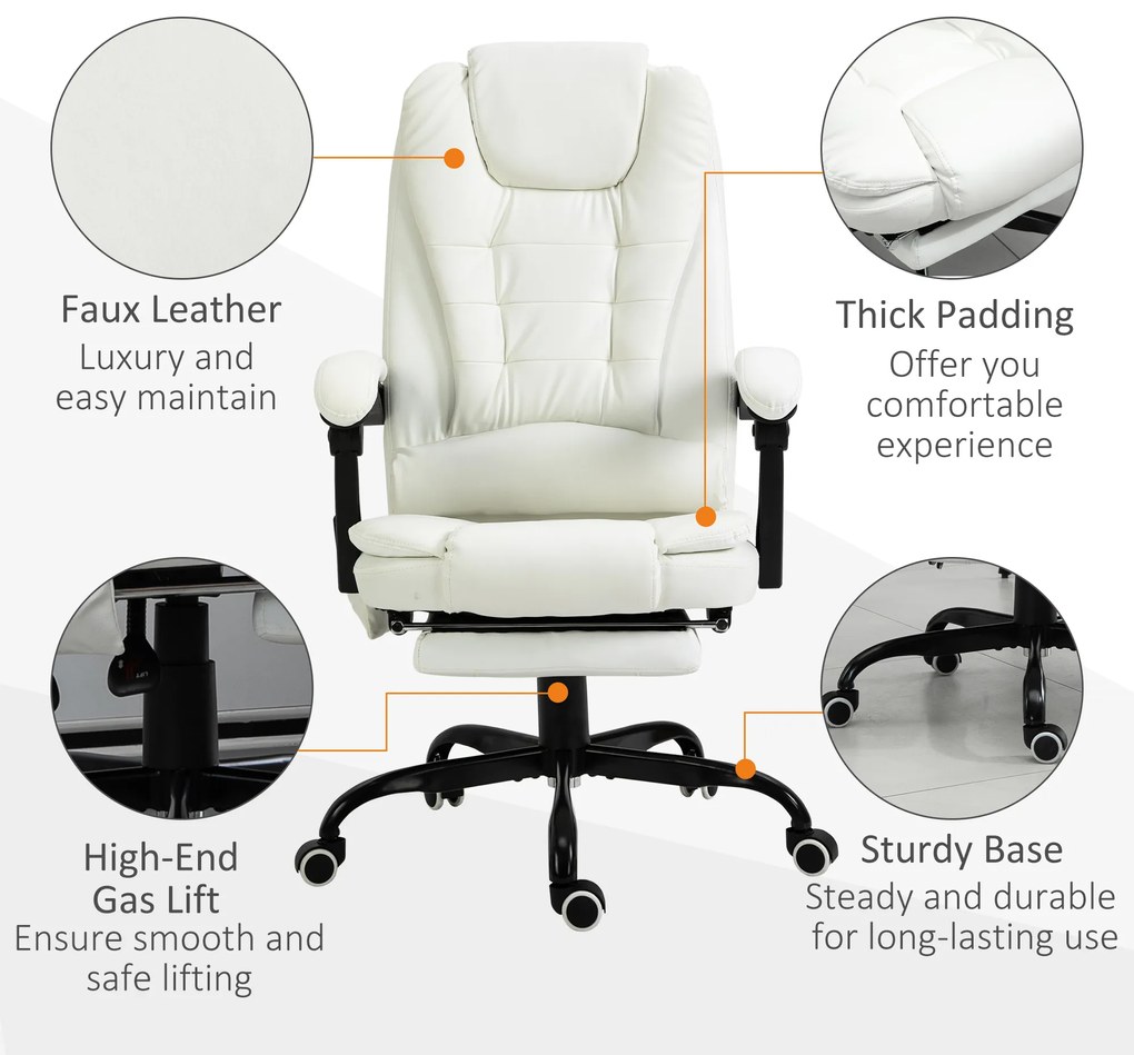 Vinsetto Scaun de birou de masaj, scaun de birou, scaun ergonomic cu înălțime reglabilă, spătar inclinabil și telecomandă cu fir, suport pentru picioare retractabil și pivotant la 360°, alb | Aosom Romania