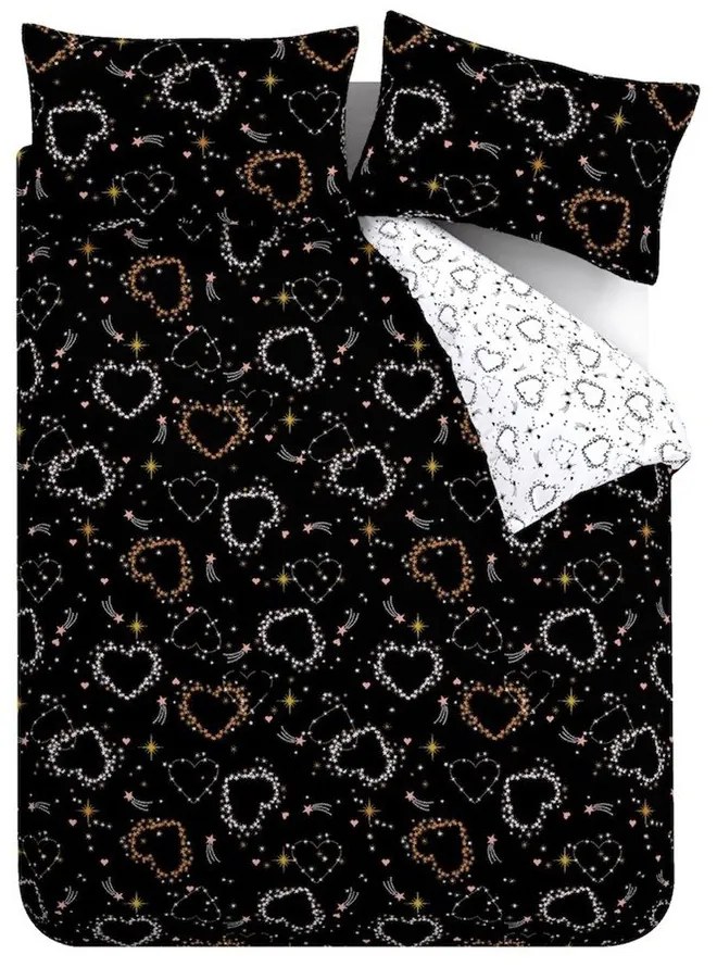 Lenjerie de pat neagră-albă pentru pat dublu 200x200 cm Cosmic Hearts and Stars – Catherine Lansfield