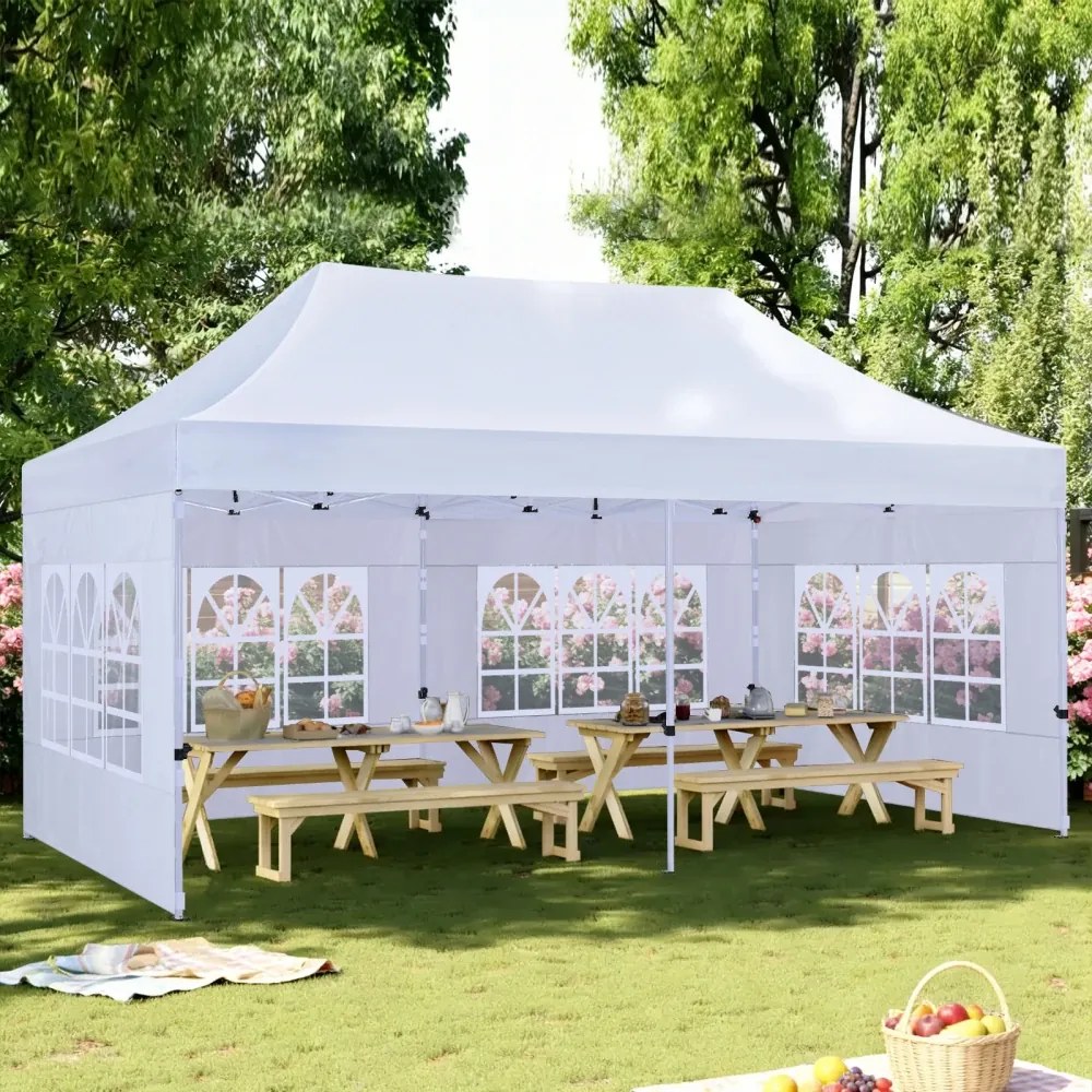ABCCANOPY – Cort pavilion pliabil 6x3 m, înălțime reglabilă 3 trepte, pereți cu ferestre transparente, impermeabil, Alb,