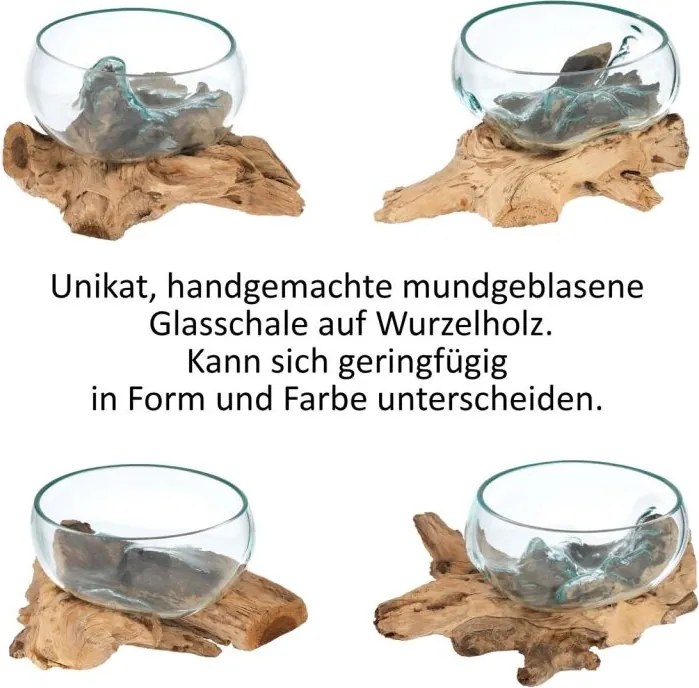 Bol din sticlă suflată pe lemn de tec, 20 cm
