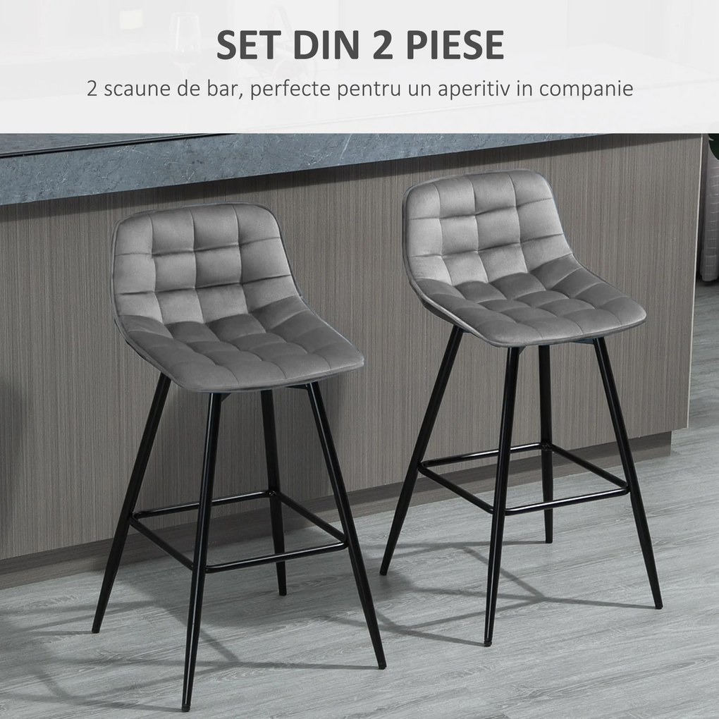 HOMCOM Set 2 Scaune Înalte în Stil Nordic cu Spătar și Suport pentru Picioare, 45x47x88 cm, Gri | Aosom Romania