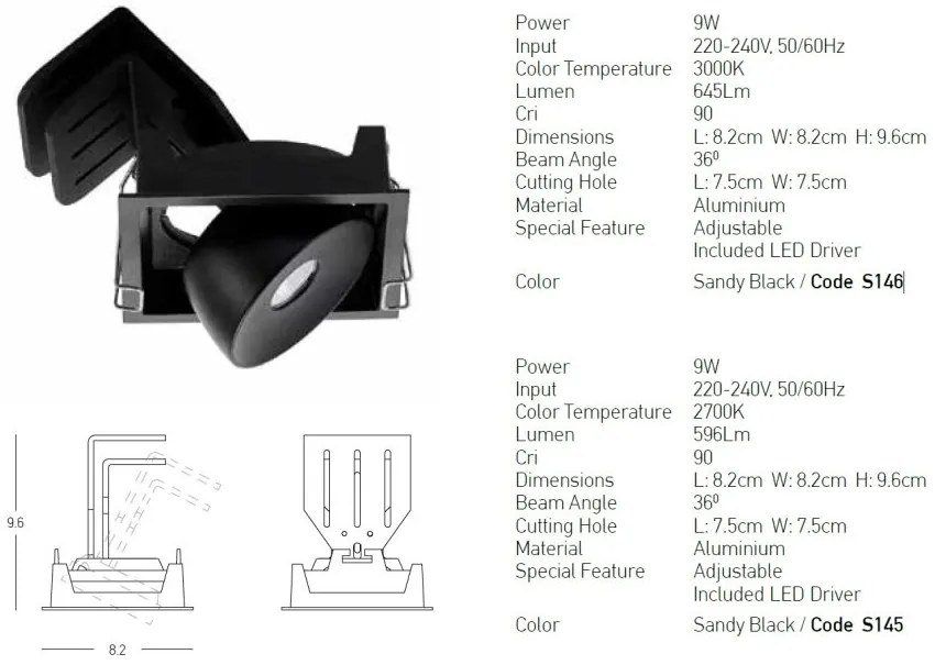 Spot LED reglabil Trimless 9W 2700K negru