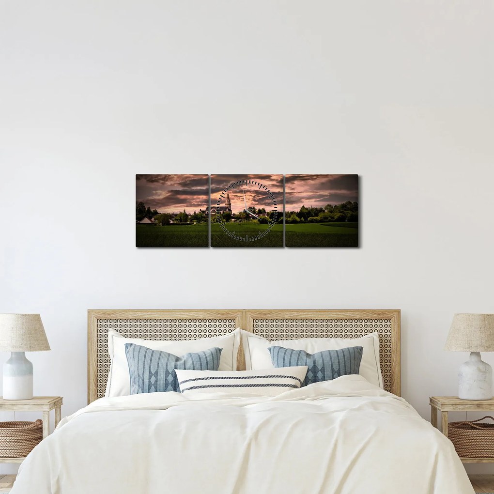 Tablou cu peisaj și biserică (cu ceas) (90x30 cm)
