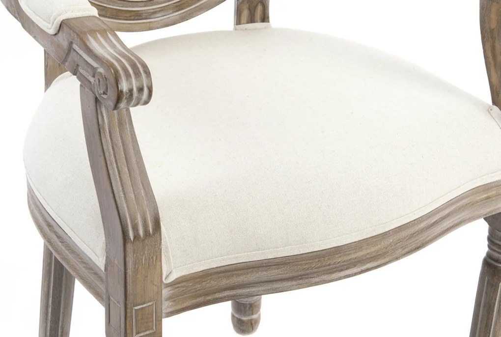 Scaun dining din in, alb, cadru sculptat din lemn masiv și spătar oval capitonat, 96 x 56 x 46 cm, „Toulouse”