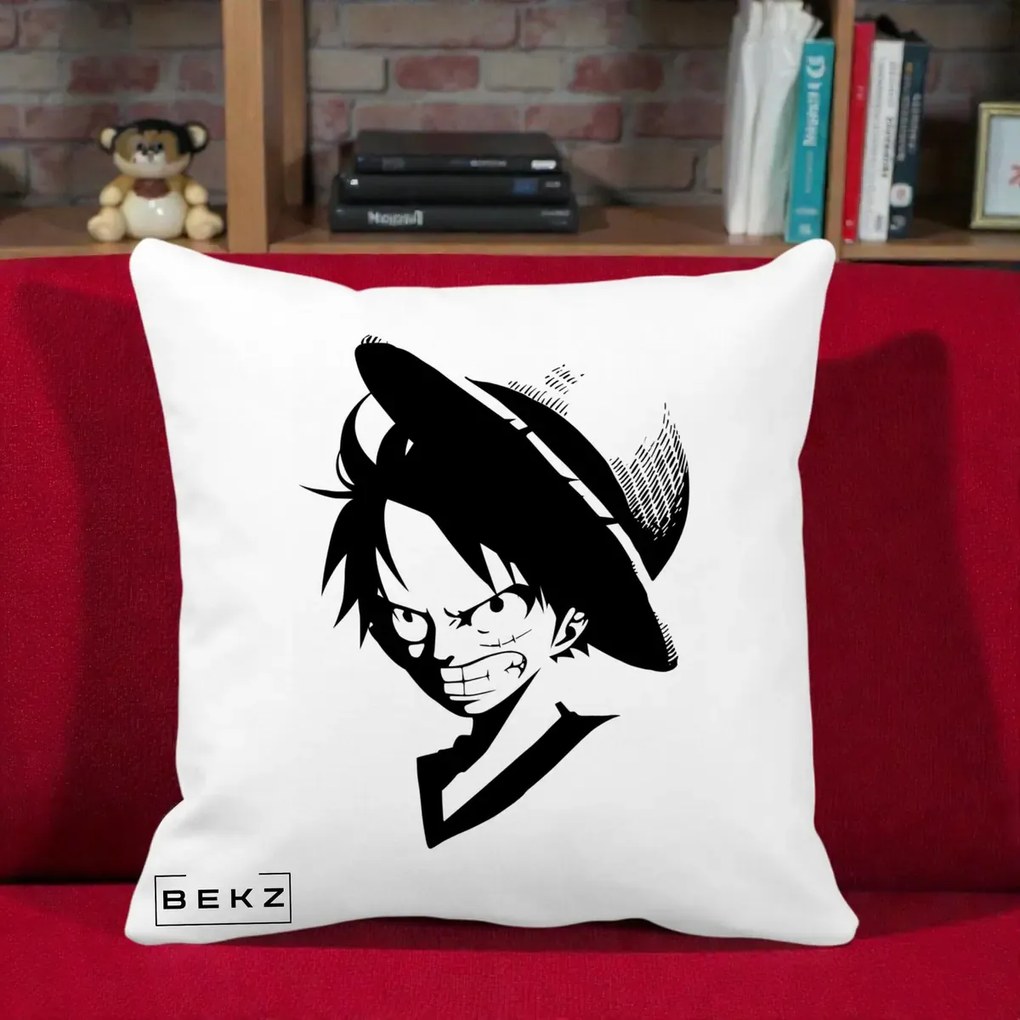 Perna Personalizata One Piece Luffy Silueta Alb-Negru, 40x40 cm, Alba Mata, Husa Detasabila, Perna Inclusa, BEKZ®