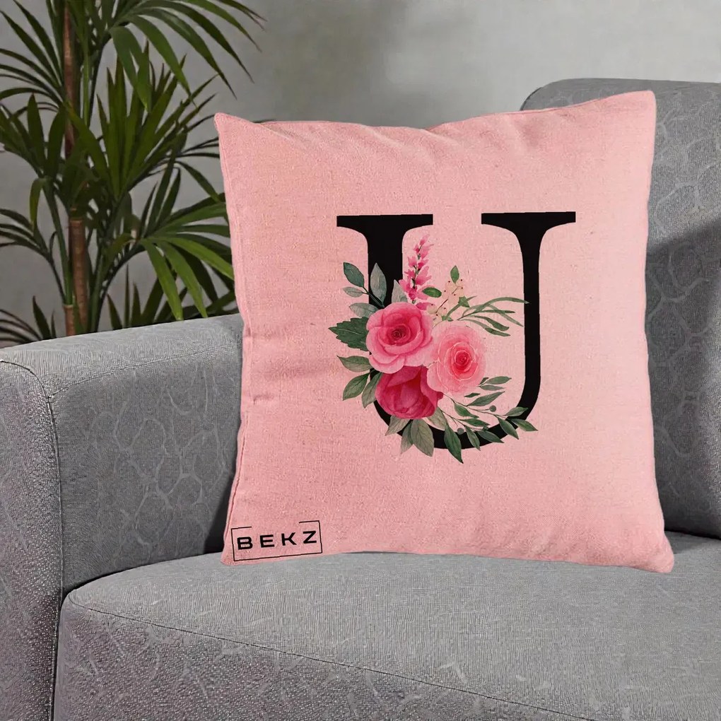 Cadou Personalizat - Perna Personalizata Monograma Florala Litera U, 40x40 cm, Roz, Husa Detasabila, Perna Inclusa, BEKZ®