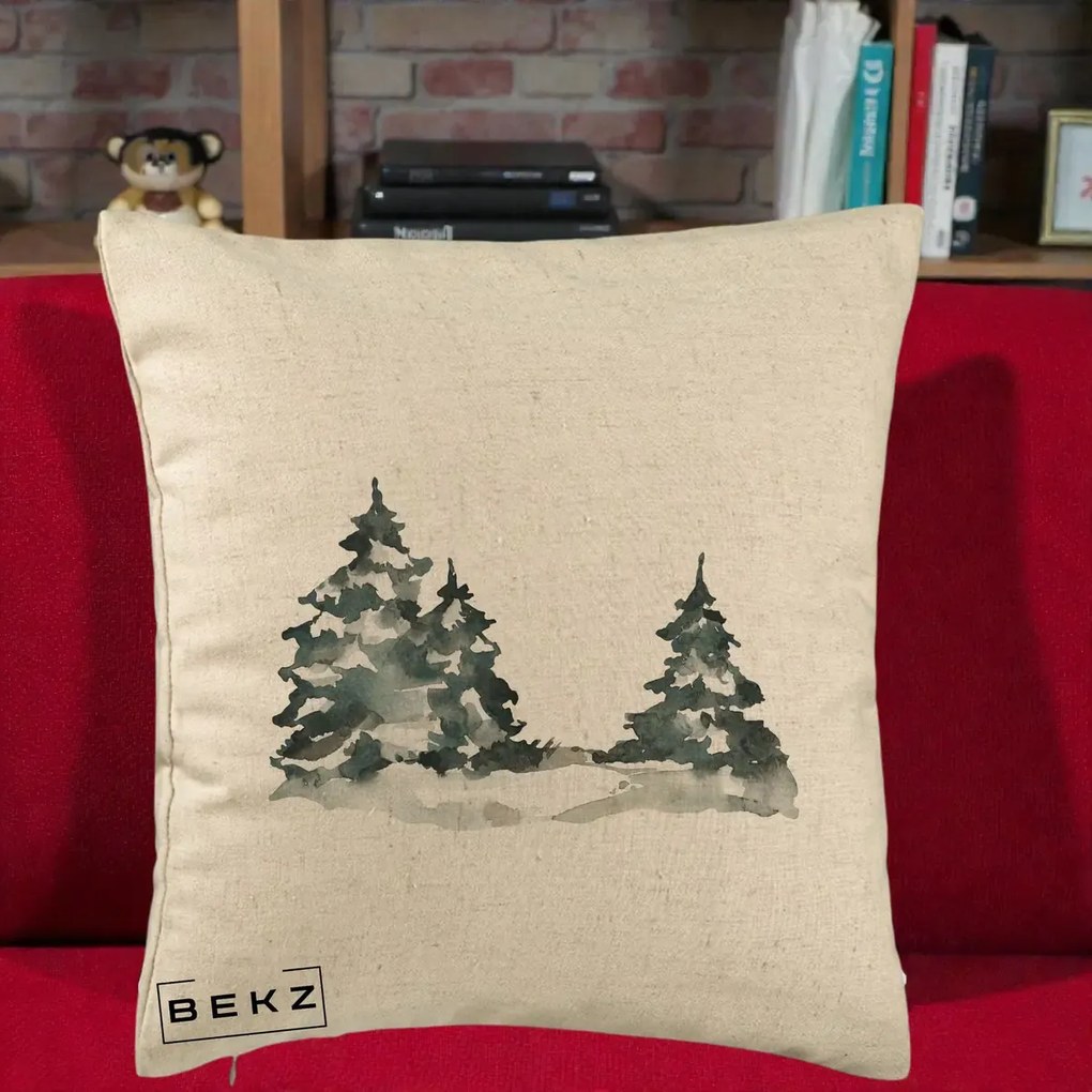 Perna Decorativa Brazi Inzapeziti Acuarela, 40x40 cm, Bej, Husa Detasabila, Perna Inclusa, BEKZ®