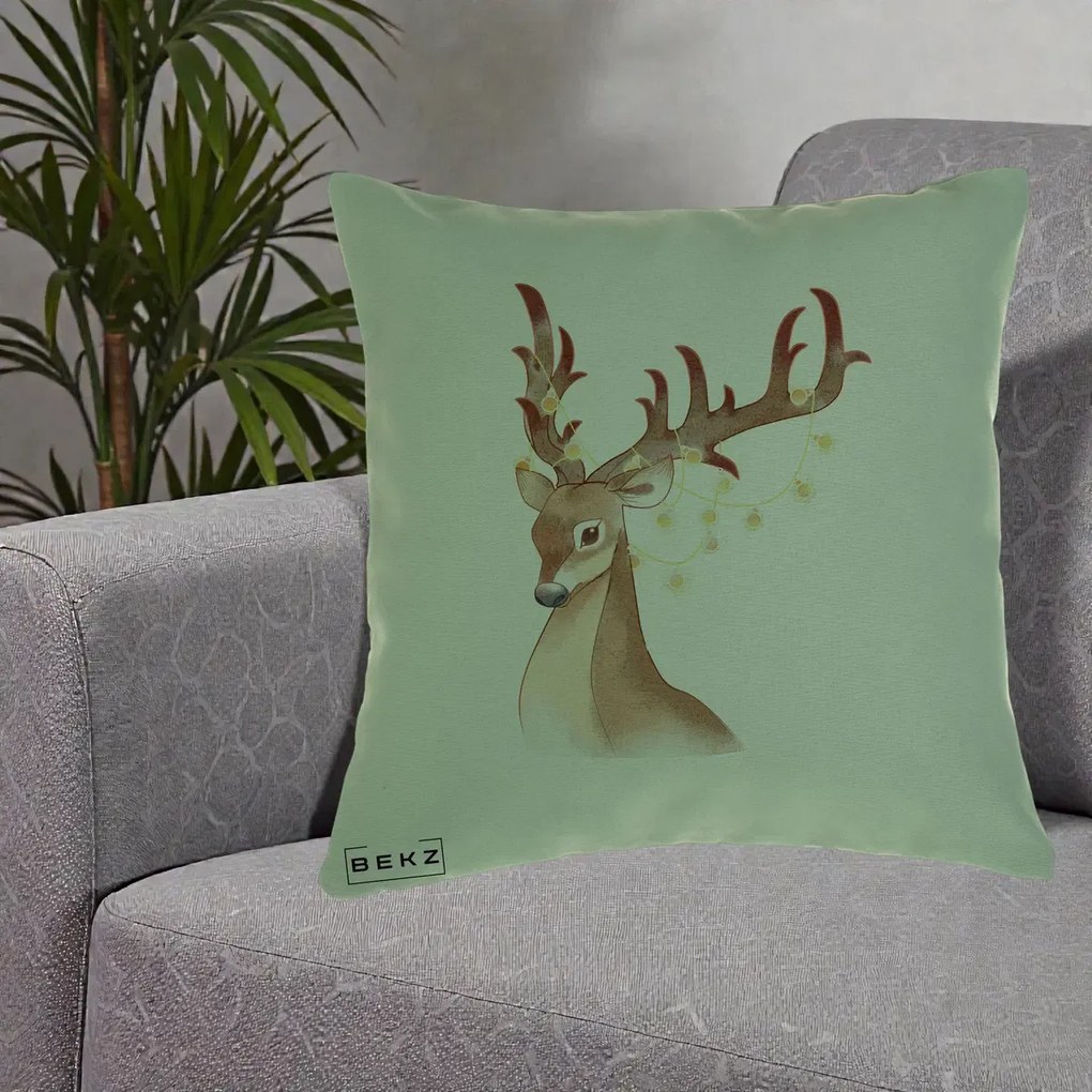 Perna Decorativa Ren cu Luminite de Craciun, 40x40 cm, Verde, Husa Detasabila, Perna Inclusa, BEKZ®