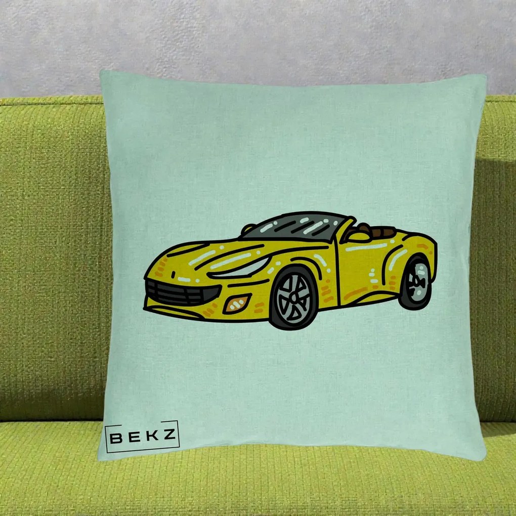 Perna Personalizata Masina Cabriolet Galbena Grafic, 40x40 cm, Verde Menta, Husa Detasabila, Perna Inclusa, BEKZ®
