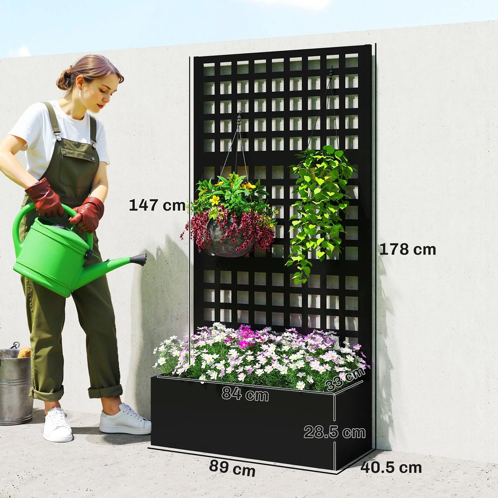 Outsunny Jardinieră cu spalier, paravan de intimitate, pat ridicat pentru grădină din oțel galvanizat, pentru plante cățărătoare, 89x40x178cm, negru | Aosom Romania