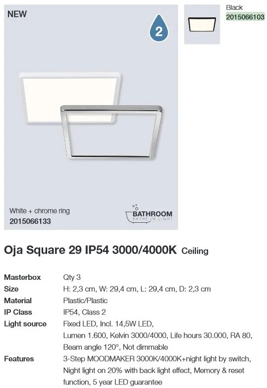 Plafoniera LED design silm IP54 baie Oja square 29 negru 3000-4000K 2015066103 NL