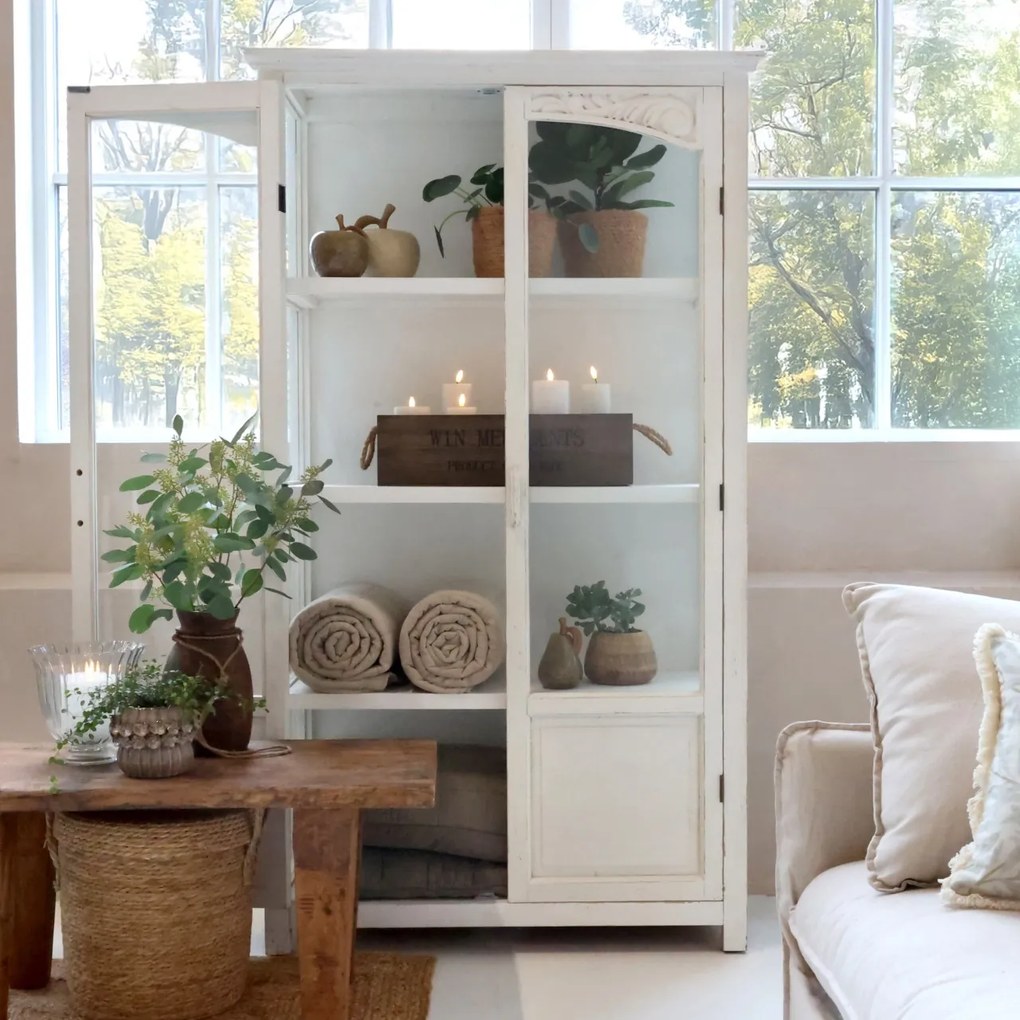 Vitrină din lemn masiv cu uși din sticlă și rafturi, finisaj crem antichizat, 97×41×170 cm