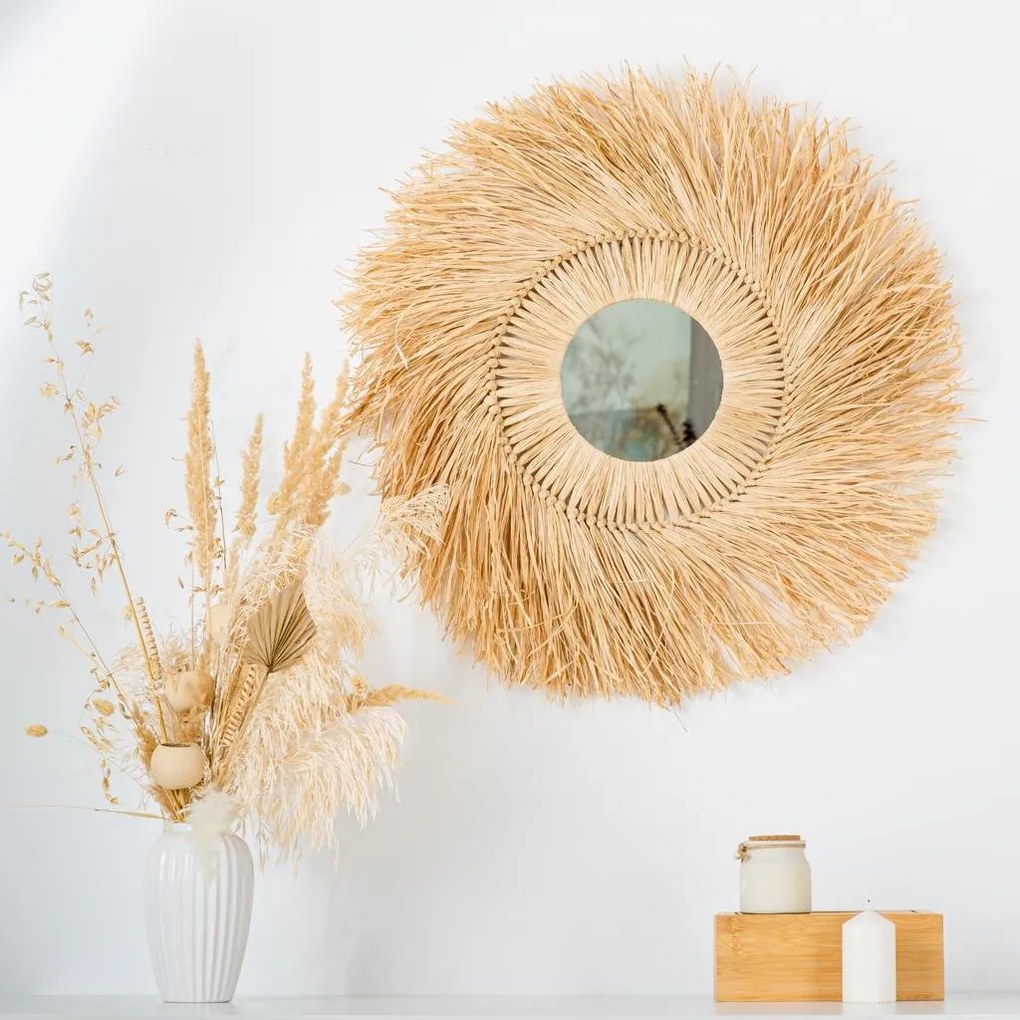 Oglinda decorativa din rafie naturala RAFFIA SUN, 70 cm