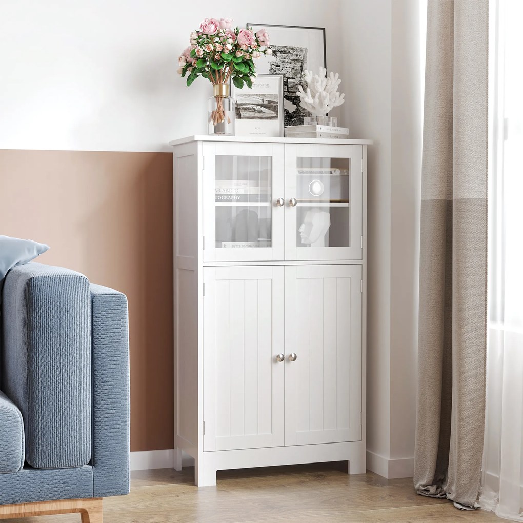 kleankin Mobile Bagno con 2 Armadietti e Ante in Vetro, Mobiletto Bagno Salvaspazio con Ripiano Regolabile, Armadietto da Terra per Sala da Pranzo, Salotto, Soggiorno, Cucina, 60x30x108.5 cm, Bianco | Aosom Romania