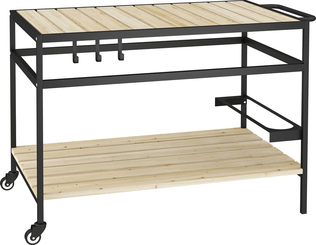 Outsunny Cărucior cu Roți din Lemn cu 2 Rafturi, 3 Cârlige, Blat cu Lamele și Mâner 107x65x80 cm Natural | Aosom Romania
