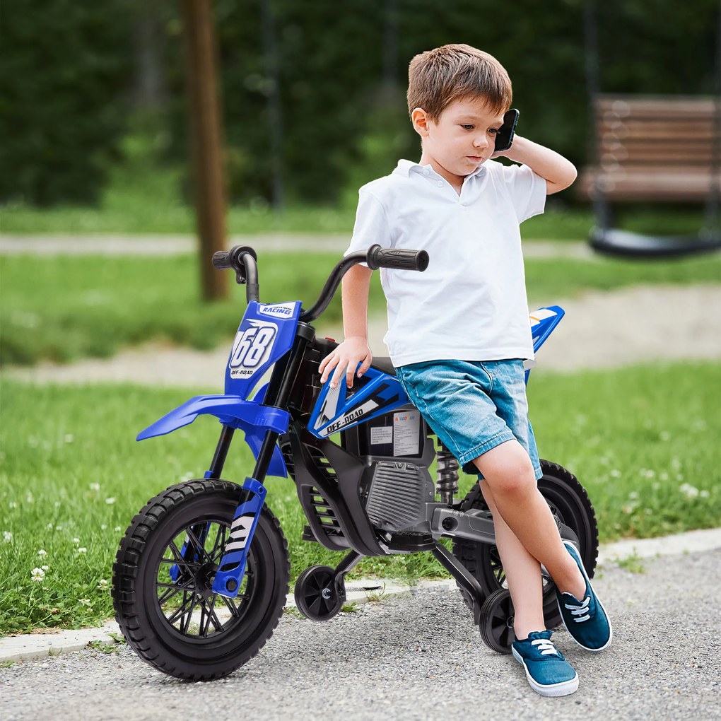 AIYAPLAY Motocicletă Electrică pentru Copii cu Roți Detașabile, Suspensii, Sunete și Indicator de Încărcare, Albastru | Aosom Romania