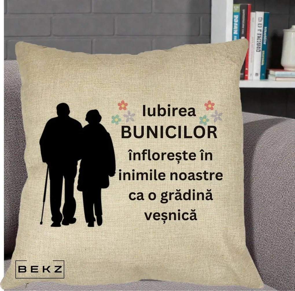 Cadou pentru Bunici - Perna Personalizata Bunicii Iubirea Infloreste Silueta Neagra Flori, 40x40 cm, Crem, Husa Detasabila, Perna Inclusa, BEKZ®