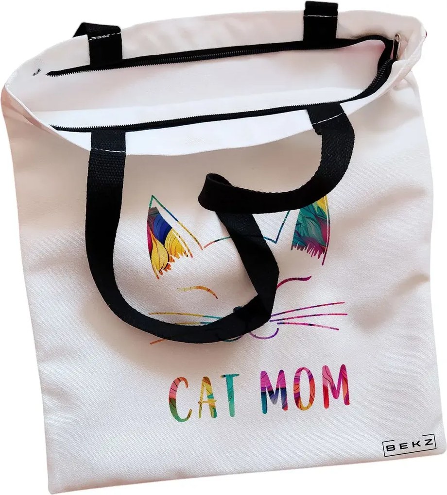 Sacosa de Panza pentru Cumparaturi, Geanta Tote, model Cat Mom, Cu fermoar, 38x34.5 cm, Alba, BEKZ®