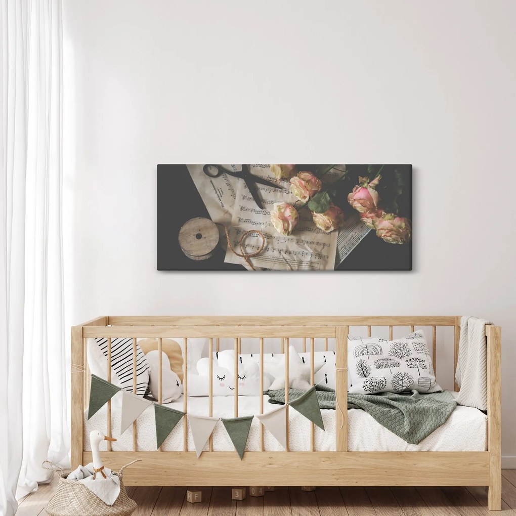Tablou cu note muzicale și trandafiri (120x50 cm)