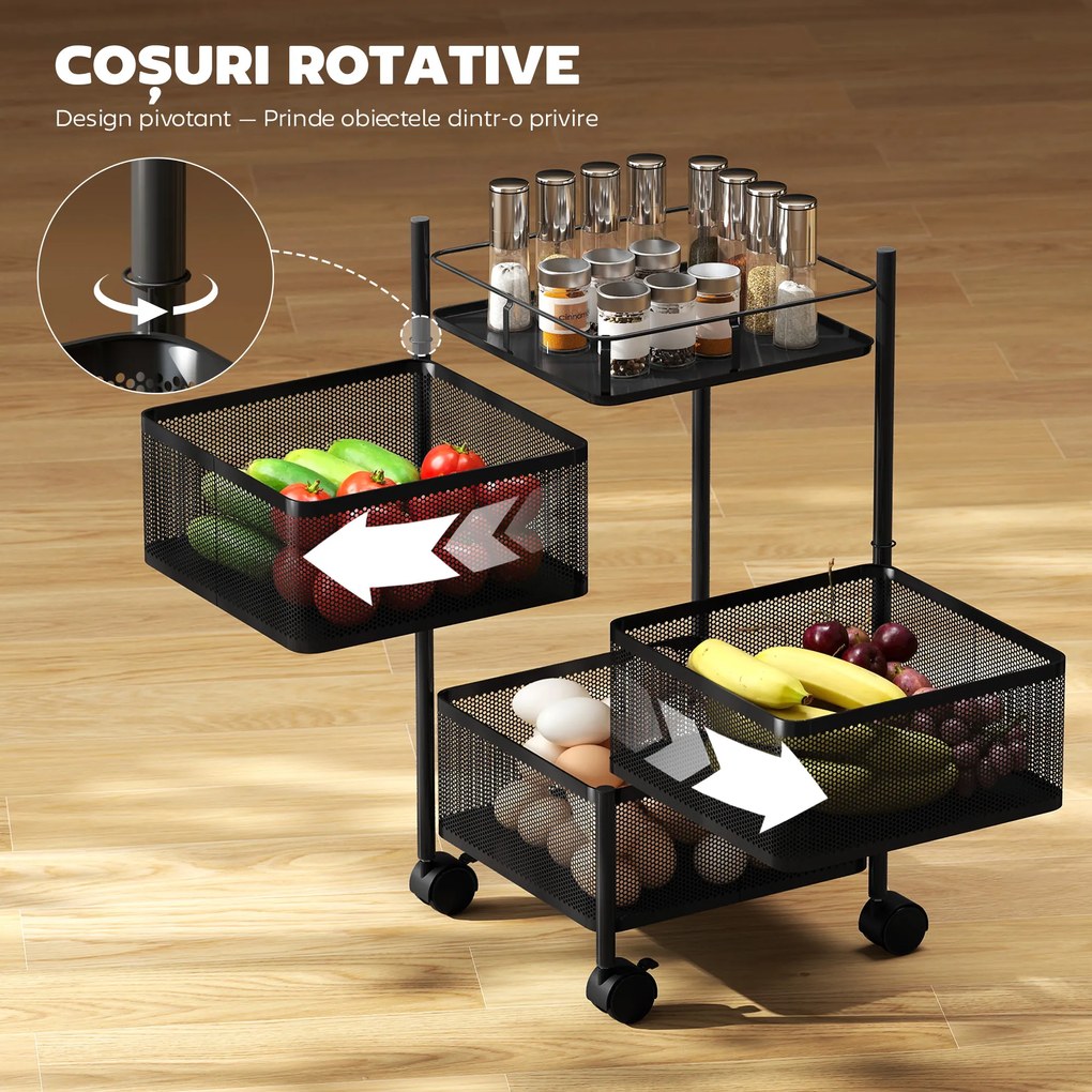 HOMCOM Cărucior de Bucătărie cu 3 Nivele cu Coșuri Rotative din Metal, Roți și Frână, 27,5x27,5x62 cm, Negru | Aosom Romania