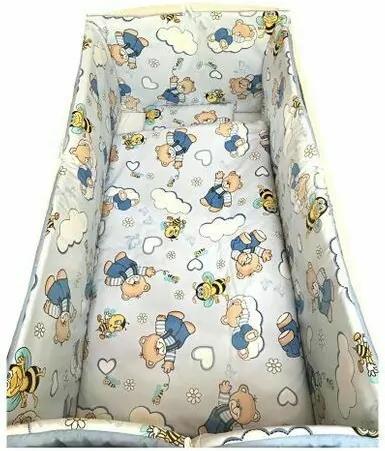 Deseda - Lenjerie de pat bebelusi cu aparatori laterale pufoase  ursi cu albine pe albastru