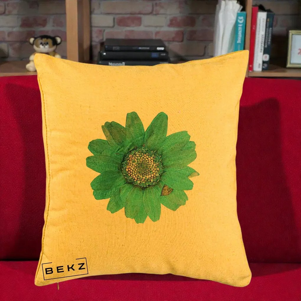 Perna Decorativa Floare Gerbera Teal Acuarela, 40x40 cm, Galben, Husa Detasabila, Perna Inclusa, BEKZ®