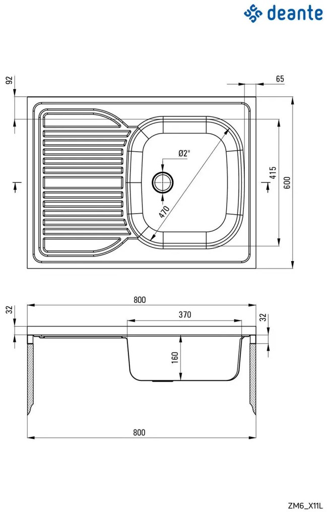 Chiuvetă din inox, 1-cuvă cu picurător, pe partea stângă - pe mască, Tango, ZM6_311L