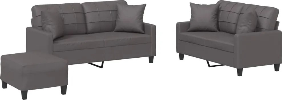 vidaXL Set de canapele cu perne, 3 piese, gri, piele ecologică