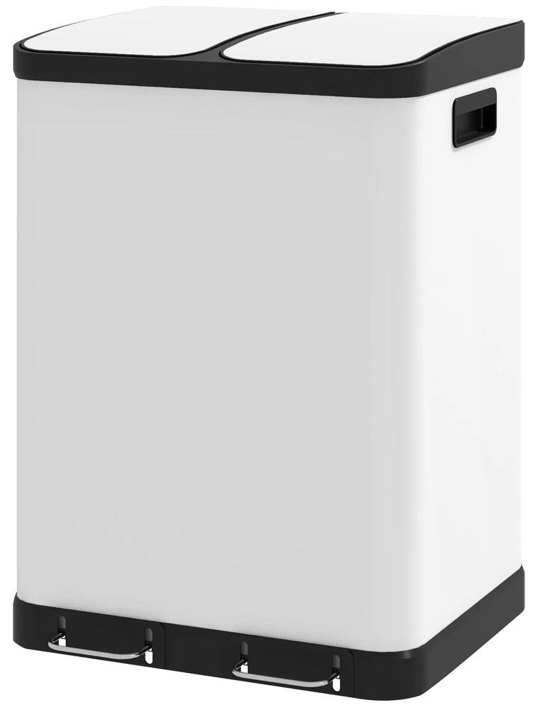 HOMCOM Coș de gunoi de bucătărie 2 x 30L cu pedala din oțel inoxidabil, 2 compartimente, capac cu închidere moale, 60L, alb | Aosom Romania