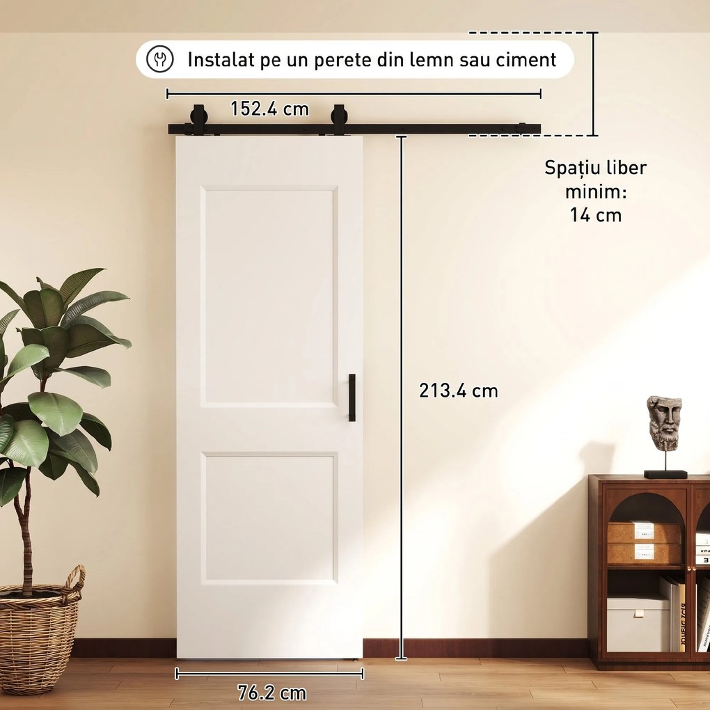 HOMCOM Ușă Culisantă de Interior din Lemn de Pin cu Șină Silențioasă, Ghidaj, Kit Accesorii, Alb | Aosom Romania