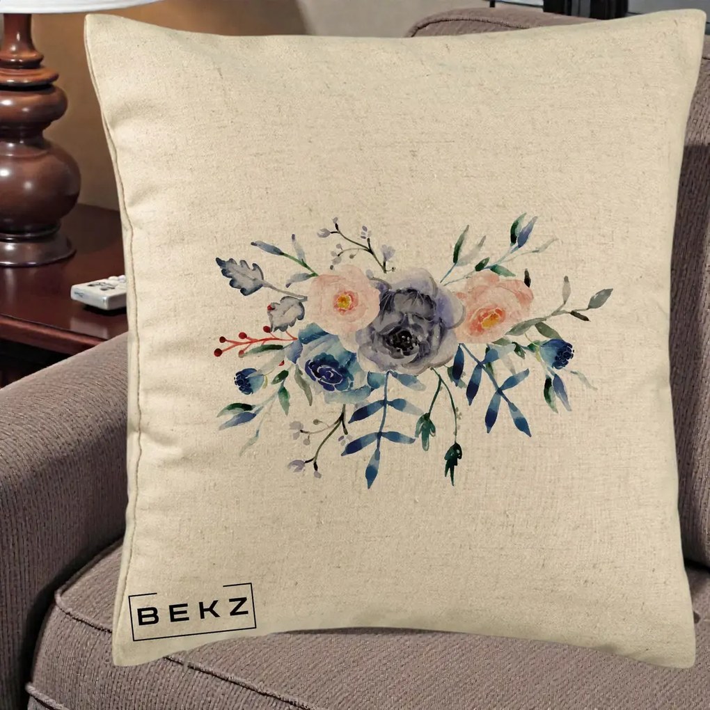Perna Decorativa Buchet Flori Albastre Acuarela, 40x40 cm, Bej, Husa Detasabila, Perna Inclusa, BEKZ®
