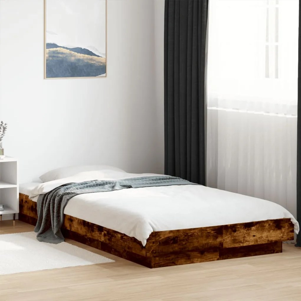 vidaXL Cadru de pat cu LED, stejar fumuriu, 90x190 cm, lemn prelucrat