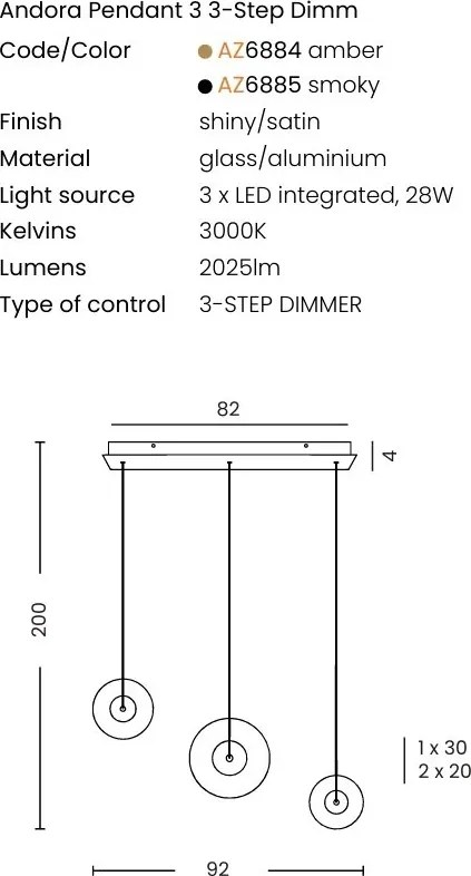 Lustra cu 3 pendule LED ANDORA 3-STEP DIMM fumuriu