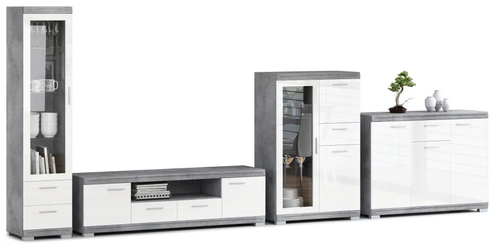 Mazzoni Mobilier perete SIMPLE Beton Millennium/Alb Luciu - COMODĂ MARE TV VITRINĂ DOUĂ COMODE PENTRU LIVING