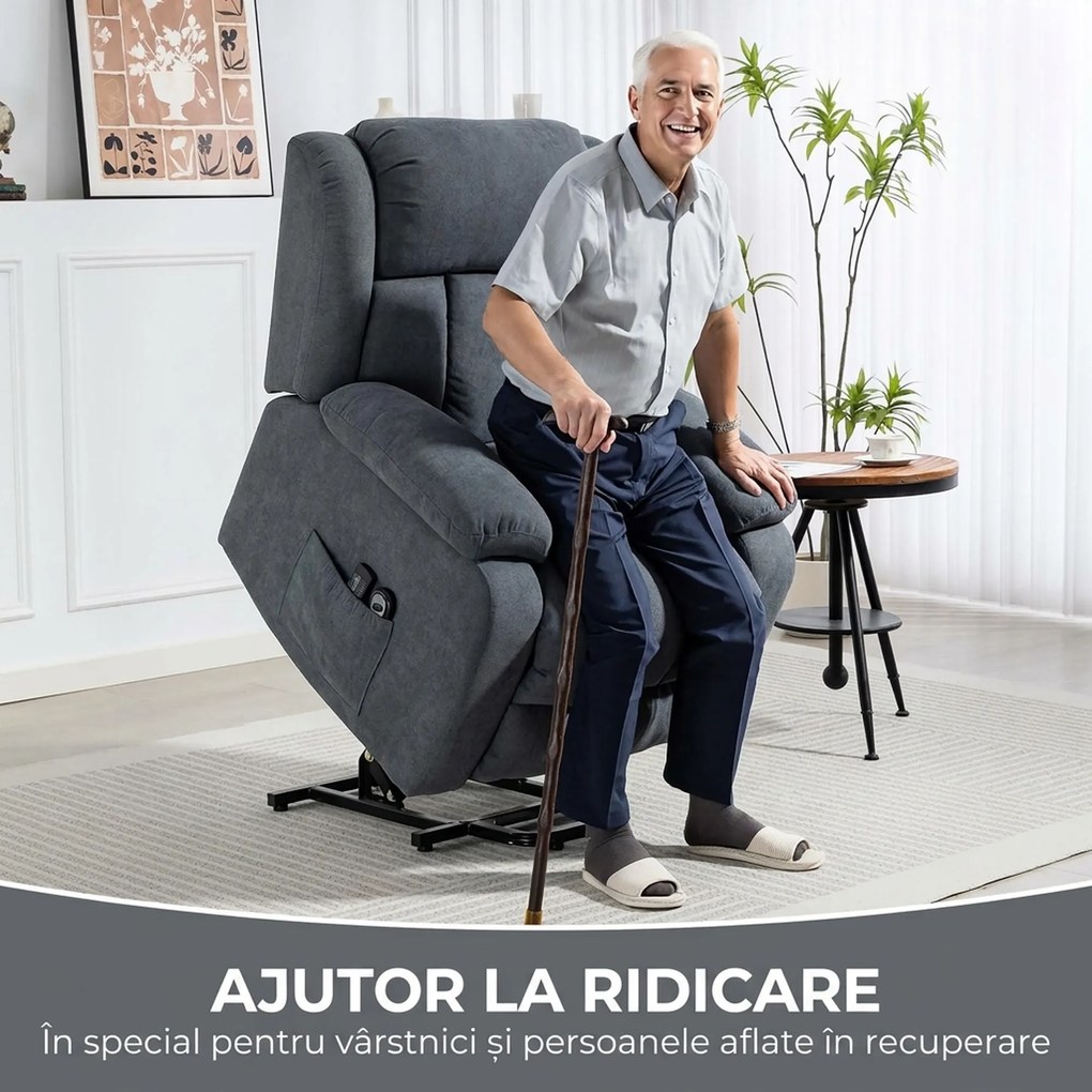 HOMCOM Fotoliu Electric cu Ridicare și Reclinare 135° în Material Textil Efect In cu Suport Picioare, Gri Închis | Aosom Romania