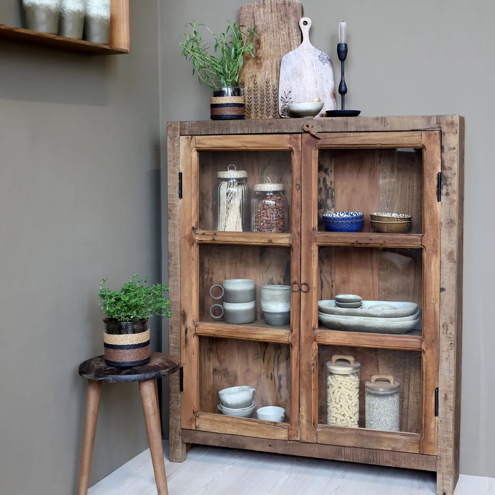 Dulap cu vitrină din lemn reciclat, 2 uși, H105/L85/W18 cm, Grimaud