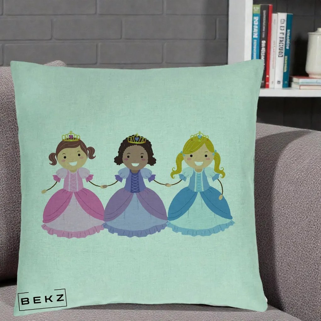 Perna Personalizata Printese Diverse Ilustratie, 40x40 cm, Verde Menta, Husa Detasabila, Perna Inclusa, BEKZ®