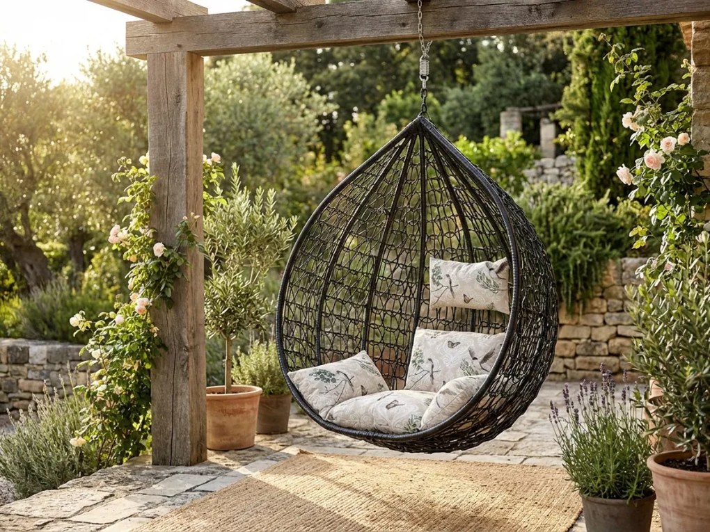 Scaun suspendat negru KOKON fara suport, perna bej