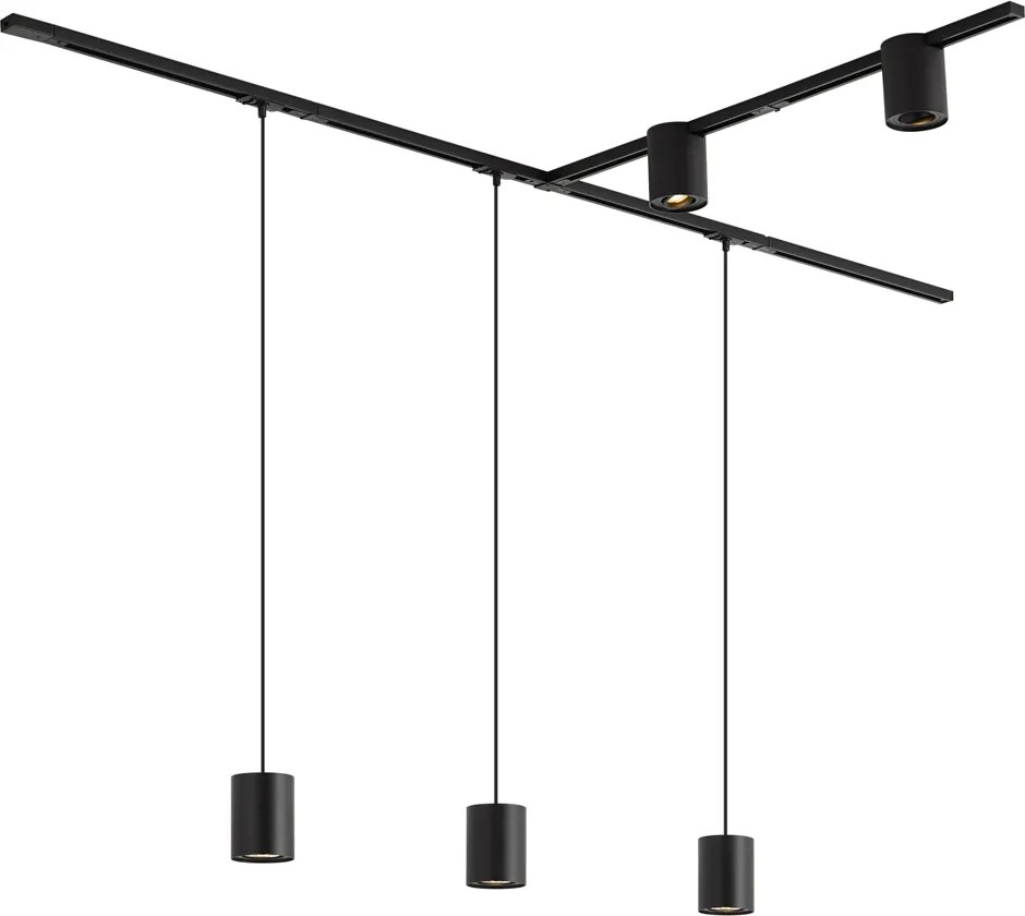 Sistem de iluminat pe șină modern negru cu 3 lămpi suspendate și 2 spoturi monofazate - Iconic Holt Rondoo Up