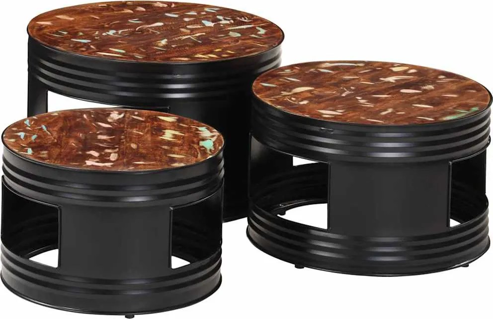 vidaXL Mese de bar în formă de tobă, 3 buc., lemn masiv reciclat