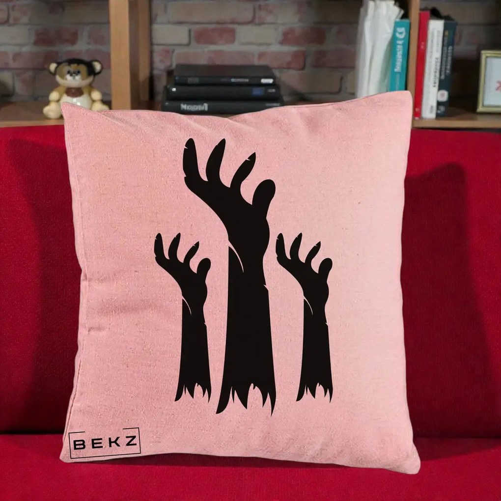 Perna Decorativa Halloween Maini Zombie Alb-Negru, 40x40 cm, Roz, Husa Detasabila, Perna Inclusa, BEKZ®