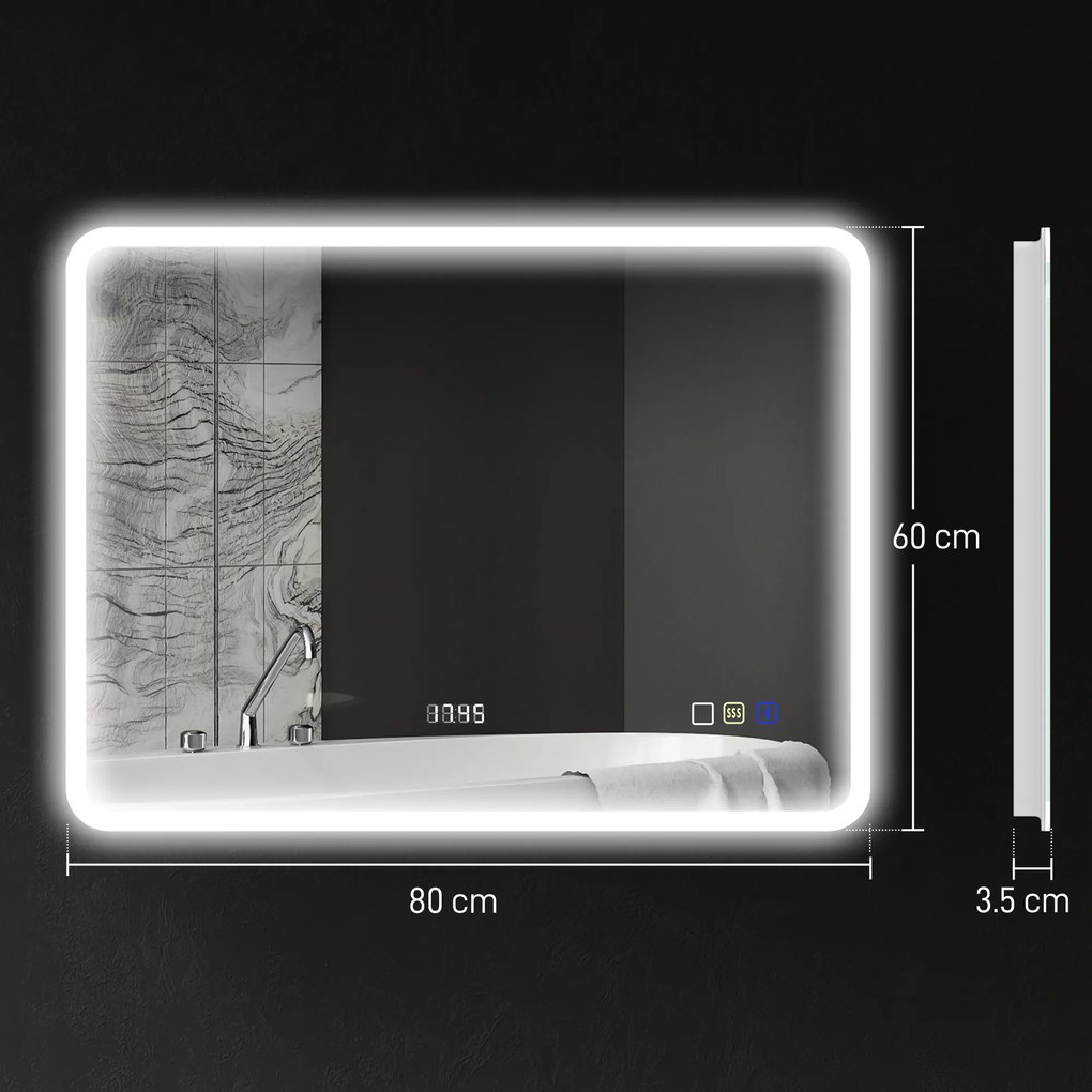 HOMCOM Oglindă de Baie cu Lumină LED 80x60 cm cu Bluetooth 3 Culori de Lumină Funcție Antiabur Funcție de Memorie IP44  | Aosom Romania