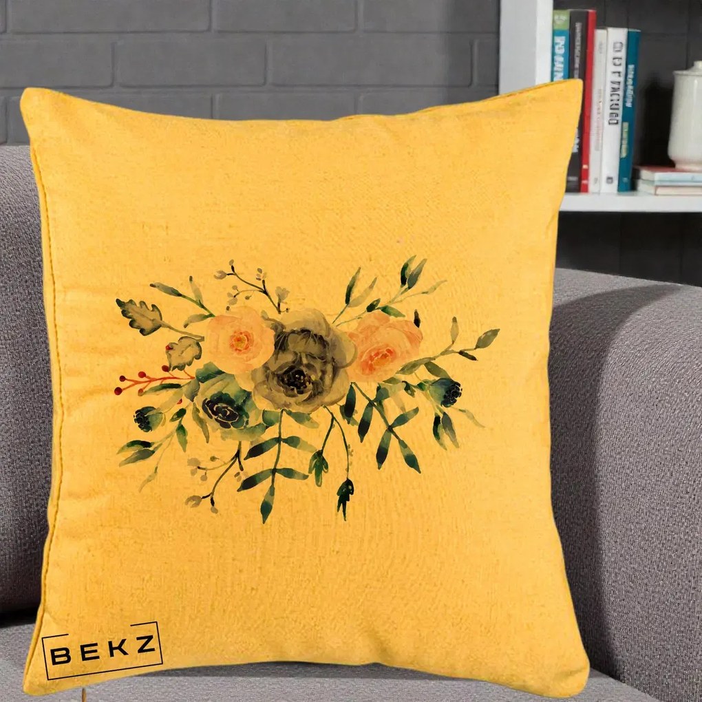Perna Decorativa Buchet Flori Albastre Acuarela, 40x40 cm, Galben, Husa Detasabila, Perna Inclusa, BEKZ®