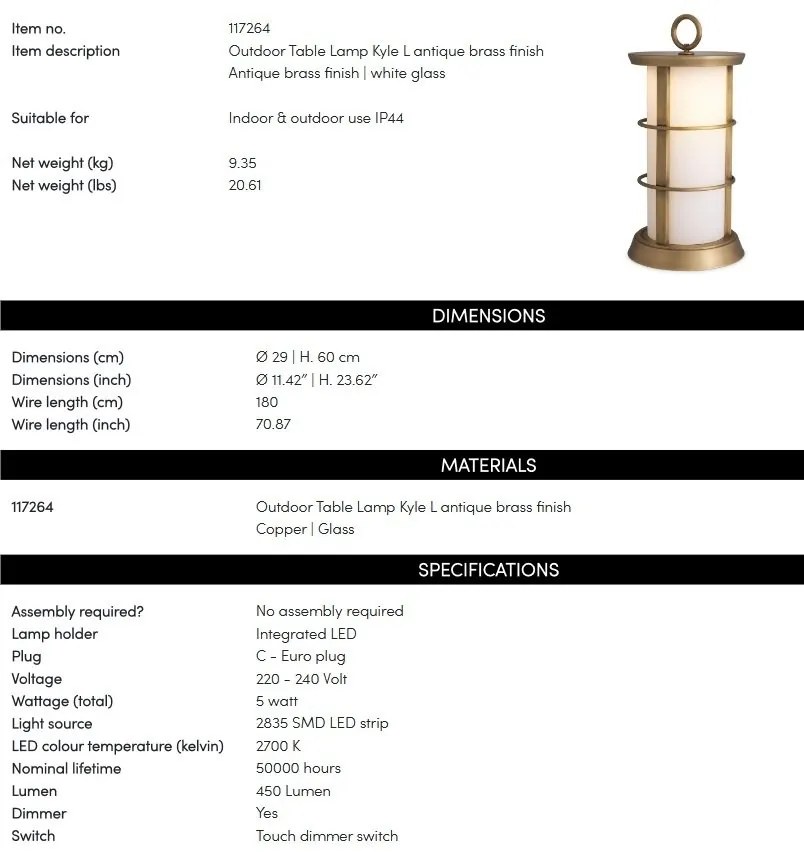 Lampa de masa pentru exterior, Protectie IP44, Kyle L