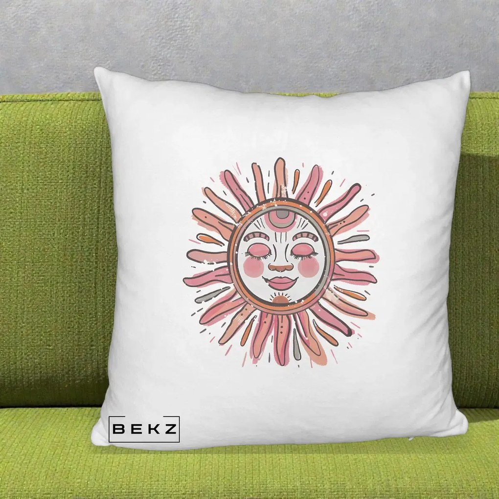 Perna Decorativa Soare Roz Tribal, 40x40 cm, Alb Pufos, Husa Detasabila, Perna Inclusa, BEKZ®