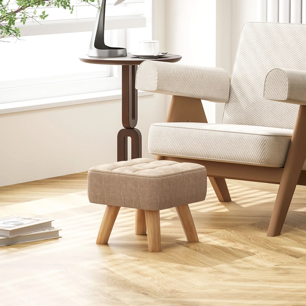 HOMCOM Puf pentru picioare din material cu aspect de in, 27x27x26 cm, cu picioare din lemn de arbore de cauciuc, suportă până la 110 kg, maro | Aosom Romania