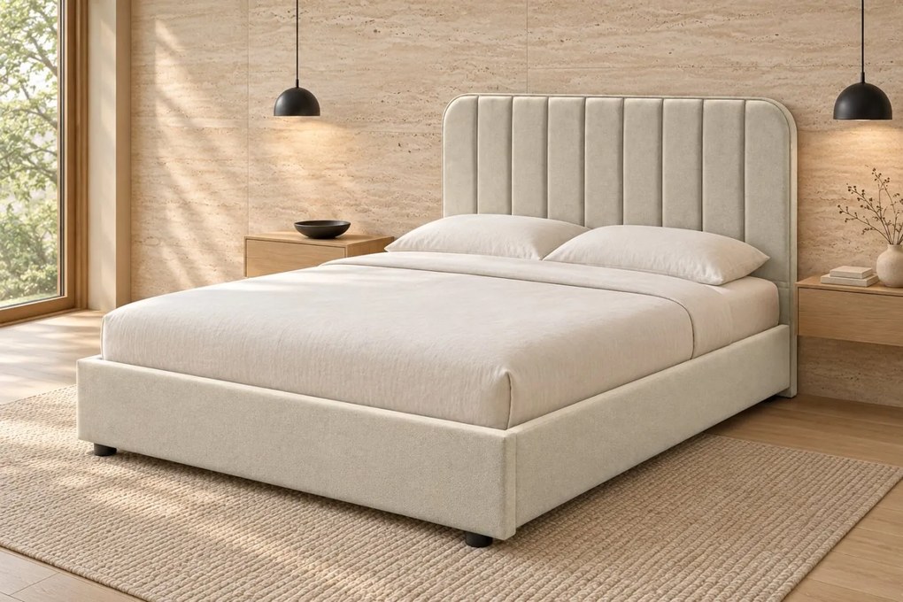 Pat tapițat din stofă Calista 140×200 cm, crem, cu ladă de depozitare