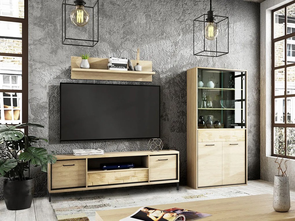 Mobilă pentru sufragerie Stanton F123Luminos lemn, Stejar, Părți separate, Cu comodă tv, Cu componente suplimentare, PAL laminat, Sticlă călită, 139 kg